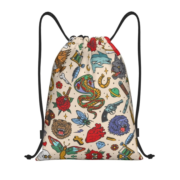 Drawstring Backpack - Vintage Tattoo Elements Collage Splash Proof Small Drawstring Gym Bag for Women Men, Cinch Sports String Bag Backpack for Travel Swimming Beach