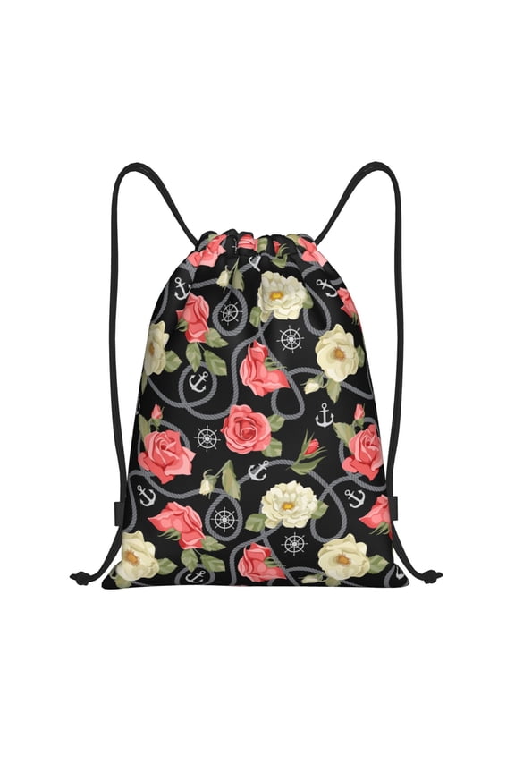 Drawstring Backpack - Vintage roses anchors rope black Splash Proof Small Drawstring Gym Bag for Women Men, Cinch Sports String Bag Backpack for Travel Swimming Beach