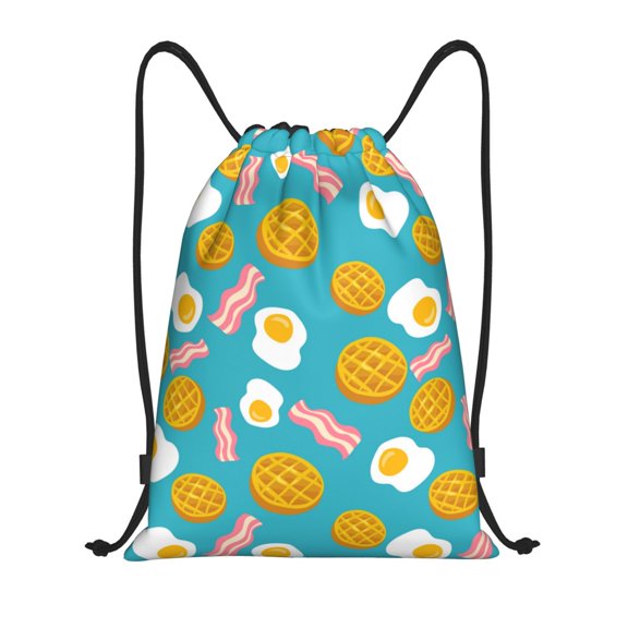 Drawstring Backpack - Waffle Poached Eggs Bacon Splash Proof Small Drawstring Gym Bag for Women Men, Cinch Sports String Bag Backpack for Travel Swimming Beach