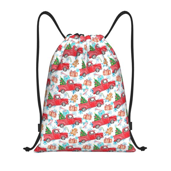 Drawstring Backpack - Watercolor Red Truck Fir Tree Splash Proof Small Drawstring Gym Bag for Women Men, Cinch Sports String Bag Backpack for Travel Swimming Beach