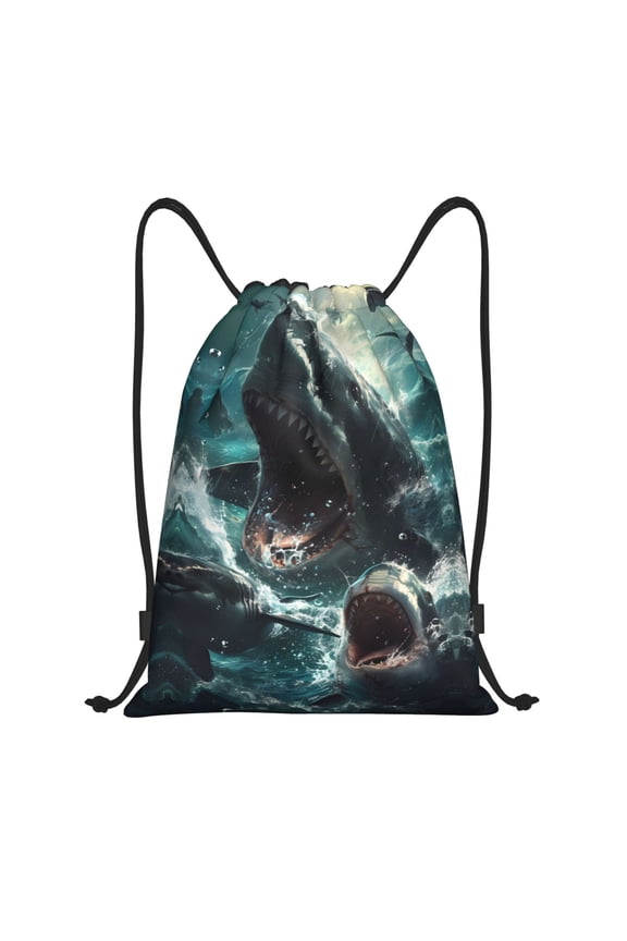 Drawstring Backpack - Wave Ocean Animal Shark Splash Proof Small Drawstring Gym Bag for Women Men, Cinch Sports String Bag Backpack for Travel Swimming Beach