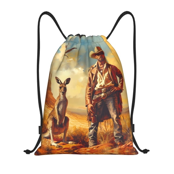 Drawstring Backpack - Western Cowboy Kangaroo Splash Proof Small Drawstring Gym Bag for Women Men, Cinch Sports String Bag Backpack for Travel Swimming Beach