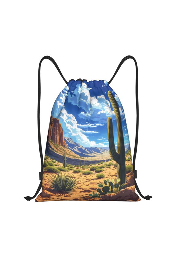 Drawstring Backpack - Western Desert Cactus Splash Proof Small Drawstring Gym Bag for Women Men, Cinch Sports String Bag Backpack for Travel Swimming Beach