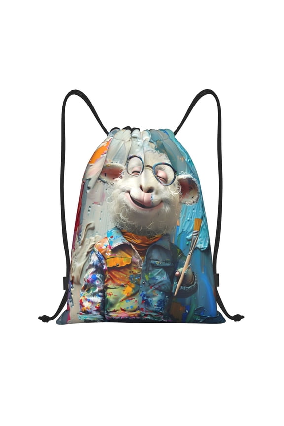 Drawstring Backpack - Whimsical Goat Artist Splash Proof Small Drawstring Gym Bag for Women Men, Cinch Sports String Bag Backpack for Travel Swimming Beach
