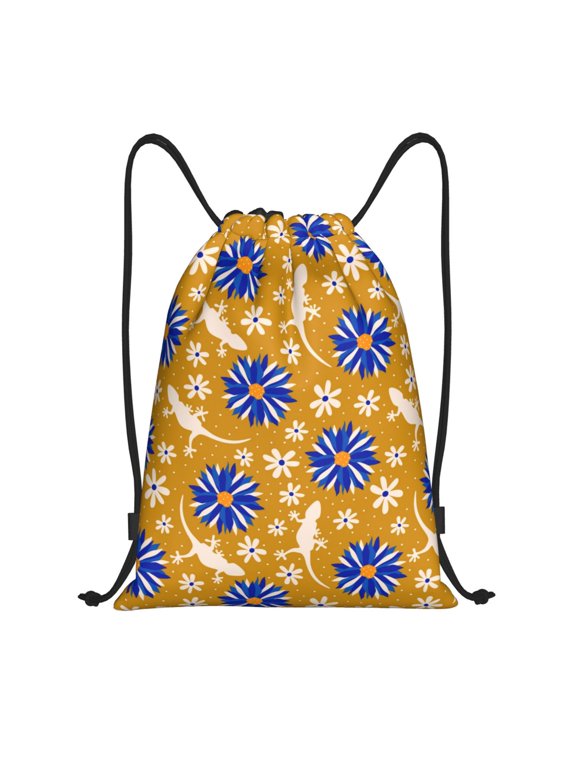 Drawstring Backpack - White Gecko Lizard Blue Flower Splash Proof Small Drawstring Gym Bag for Women Men, Cinch Sports String Bag Backpack for Travel Swimming Beach