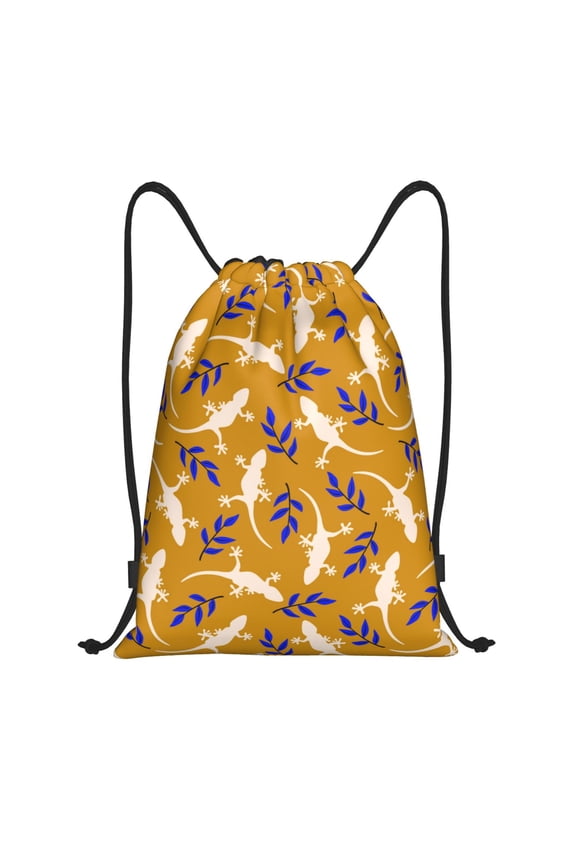 Drawstring Backpack - White Gecko Lizard Blue Leaves Splash Proof Small Drawstring Gym Bag for Women Men, Cinch Sports String Bag Backpack for Travel Swimming Beach