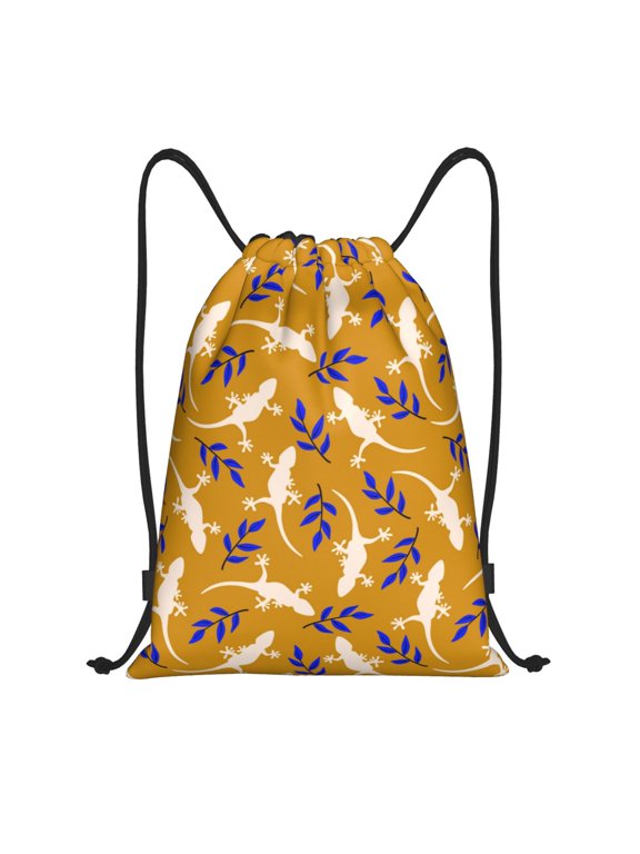 Drawstring Backpack - White Gecko Lizard Blue Leaves Splash Proof Small Drawstring Gym Bag for Women Men, Cinch Sports String Bag Backpack for Travel Swimming Beach