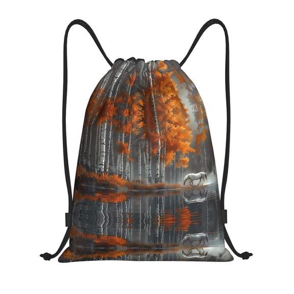Drawstring Backpack - White Horse Autumn Birch Splash Proof Small Drawstring Gym Bag for Women Men, Cinch Sports String Bag Backpack for Travel Swimming Beach