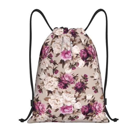 Drawstring Backpack - White Purple Rose Flowers Splash Proof Small Drawstring Gym Bag for Women Men, Cinch Sports String Bag Backpack for Travel Swimming Beach