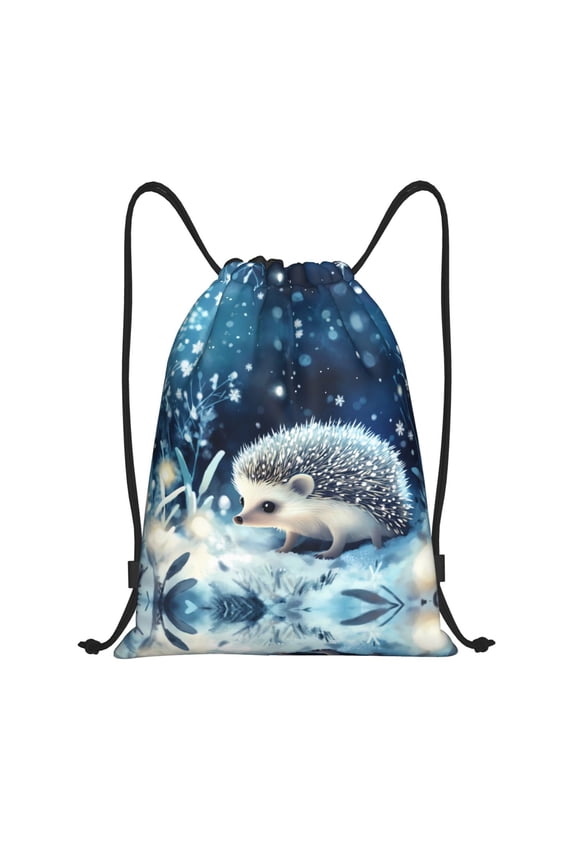 Drawstring Backpack - Winter Hedgehog Snowflakes Splash Proof Small Drawstring Gym Bag for Women Men, Cinch Sports String Bag Backpack for Travel Swimming Beach