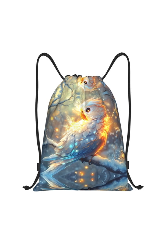 Drawstring Backpack - Winter Snow Tree White Parrot Splash Proof Small Drawstring Gym Bag for Women Men, Cinch Sports String Bag Backpack for Travel Swimming Beach