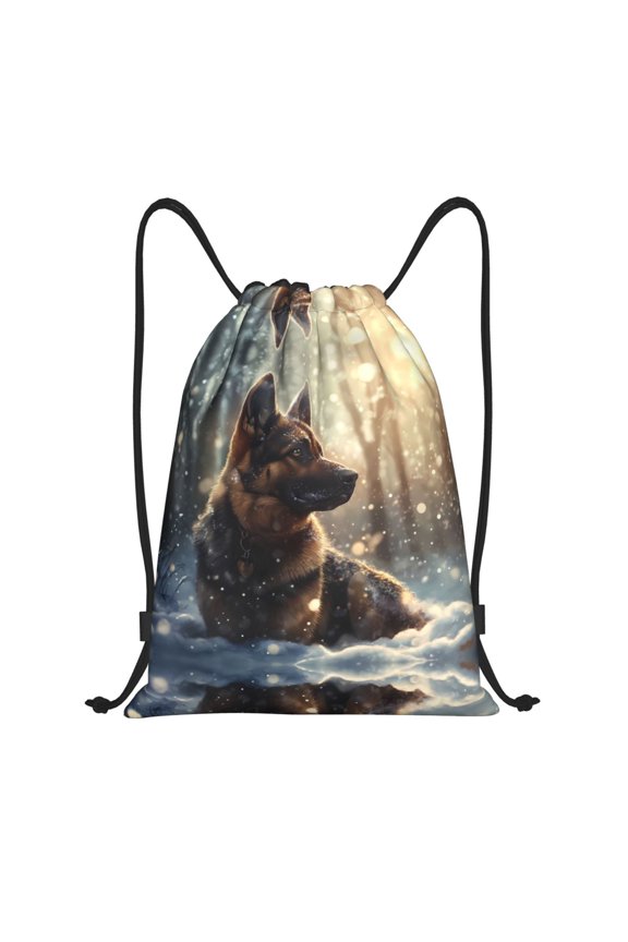 Drawstring Backpack - Winter Snowflake German Shepherd Splash Proof Small Drawstring Gym Bag for Women Men, Cinch Sports String Bag Backpack for Travel Swimming Beach