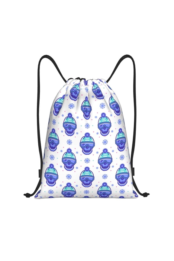 Drawstring Backpack - Winter Snowflake Skiing Skull Splash Proof Small Drawstring Gym Bag for Women Men, Cinch Sports String Bag Backpack for Travel Swimming Beach