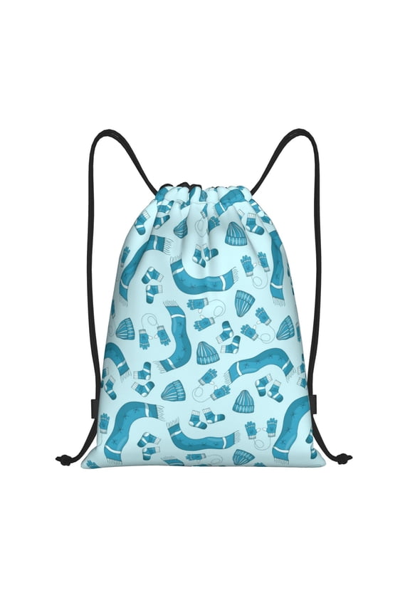 Drawstring Backpack - Winter Warmth Blue Knitted Splash Proof Small Drawstring Gym Bag for Women Men, Cinch Sports String Bag Backpack for Travel Swimming Beach