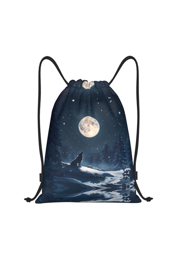 Drawstring Backpack - Wolf Howling Full Moon Splash Proof Small Drawstring Gym Bag for Women Men, Cinch Sports String Bag Backpack for Travel Swimming Beach