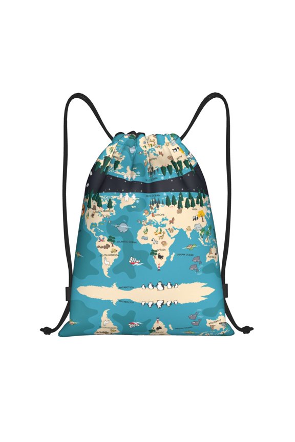 Drawstring Backpack - World Map With Animal Splash Proof Small Drawstring Gym Bag for Women Men, Cinch Sports String Bag Backpack for Travel Swimming Beach
