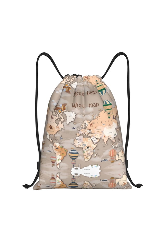 Drawstring Backpack - World Map With Animals Splash Proof Small Drawstring Gym Bag for Women Men, Cinch Sports String Bag Backpack for Travel Swimming Beach