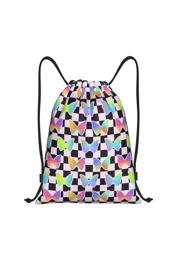 Drawstring Backpack - Y2K aesthetic grid butterfly Splash Proof Small Drawstring Gym Bag for Women Men, Cinch Sports String Bag Backpack for Travel Swimming Beach