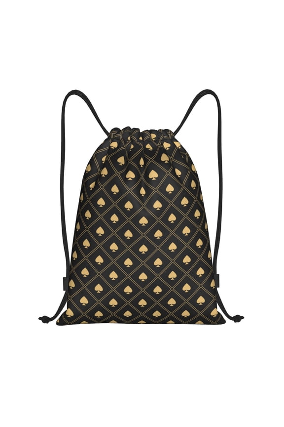 Drawstring Backpack - black golden spades checkered Splash Proof Small Drawstring Gym Bag for Women Men, Cinch Sports String Bag Backpack for Travel Swimming Beach