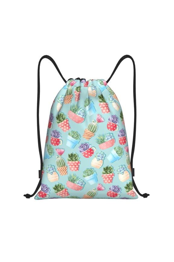 Drawstring Backpack - blue Cactus potted plant Splash Proof Small Drawstring Gym Bag for Women Men, Cinch Sports String Bag Backpack for Travel Swimming Beach