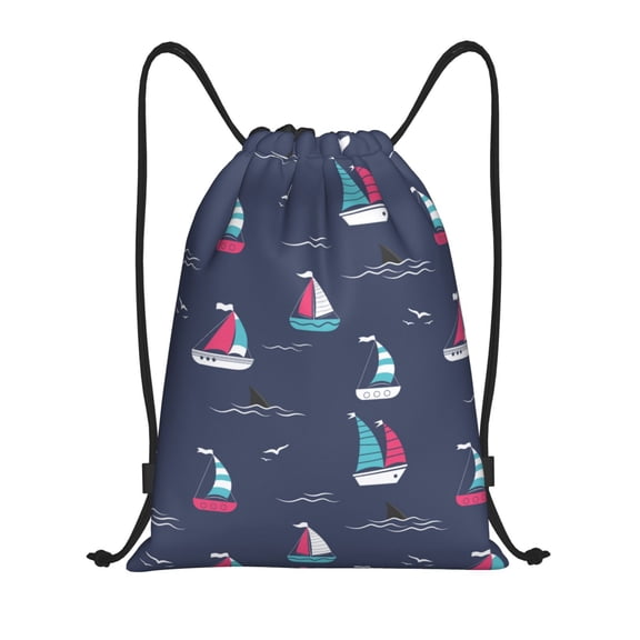 Drawstring Backpack - cartoon boat shark fins blue Splash Proof Small Drawstring Gym Bag for Women Men, Cinch Sports String Bag Backpack for Travel Swimming Beach