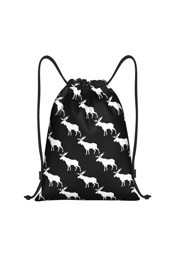 Drawstring Backpack - cool white Moose Elk black Splash Proof Small Drawstring Gym Bag for Women Men, Cinch Sports String Bag Backpack for Travel Swimming Beach