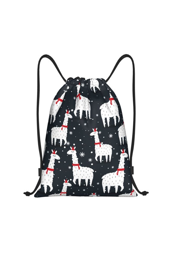 Drawstring Backpack - cute alpacas Lamas snowflakes black Splash Proof Small Drawstring Gym Bag for Women Men, Cinch Sports String Bag Backpack for Travel Swimming Beach