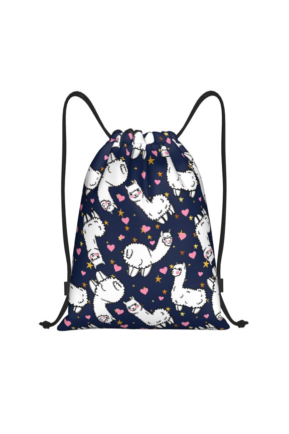 Drawstring Backpack - cute alpacas lama hearts star Splash Proof Small Drawstring Gym Bag for Women Men, Cinch Sports String Bag Backpack for Travel Swimming Beach