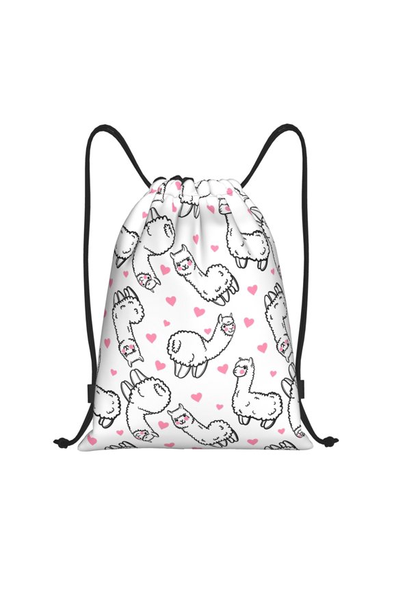 Drawstring Backpack - cute alpacas lama hearts white Splash Proof Small Drawstring Gym Bag for Women Men, Cinch Sports String Bag Backpack for Travel Swimming Beach