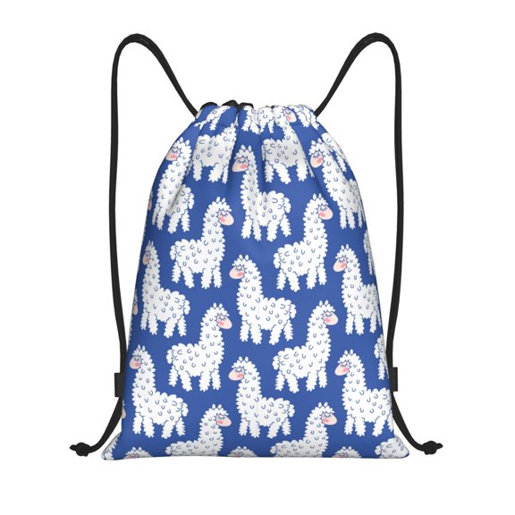 Drawstring Backpack - cute cartoon lama alpaca blue Splash Proof Small Drawstring Gym Bag for Women Men, Cinch Sports String Bag Backpack for Travel Swimming Beach