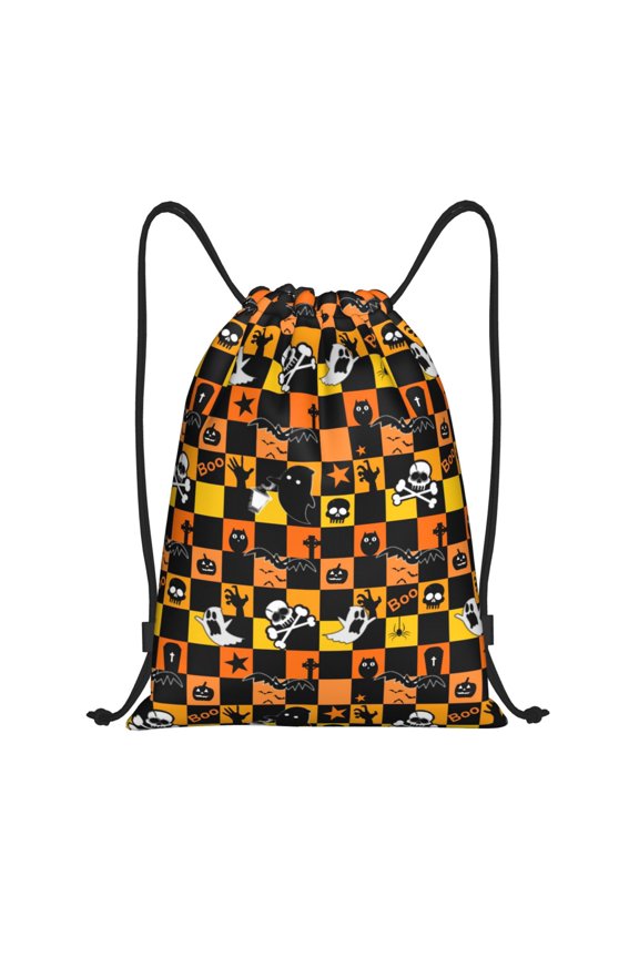Drawstring Backpack - cute ghost halloween plaid Splash Proof Small Drawstring Gym Bag for Women Men, Cinch Sports String Bag Backpack for Travel Swimming Beach