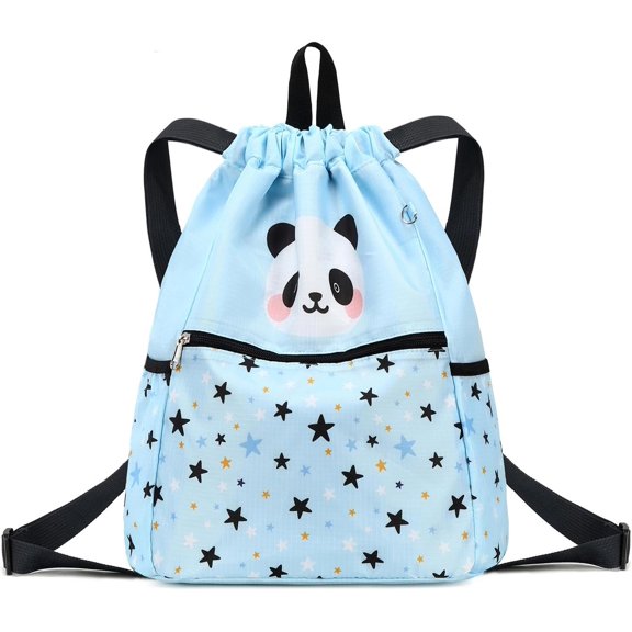 Drawstring Backpack for - Panda Bags for Girls Mini Gym Dance Beach Swim Travel Bag With Two Water Bottle Holder Light Blue