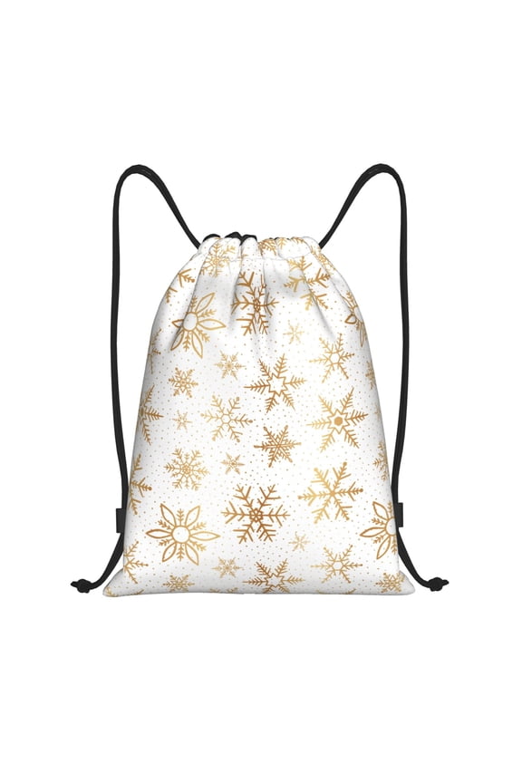 Drawstring Backpack - gold Snowflake print Splash Proof Small Drawstring Gym Bag for Women Men, Cinch Sports String Bag Backpack for Travel Swimming Beach