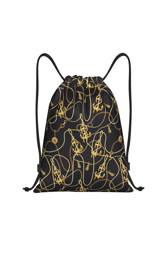 Drawstring Backpack - golden anchor chain navyblue Splash Proof Small Drawstring Gym Bag for Women Men, Cinch Sports String Bag Backpack for Travel Swimming Beach