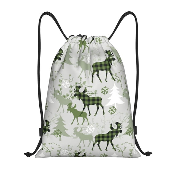 Drawstring Backpack - green plaid Moose tree Splash Proof Small Drawstring Gym Bag for Women Men, Cinch Sports String Bag Backpack for Travel Swimming Beach