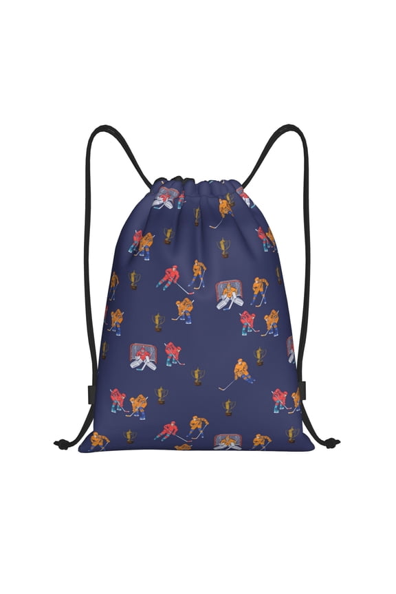 Drawstring Backpack - hockey players cups navyblue Splash Proof Small Drawstring Gym Bag for Women Men, Cinch Sports String Bag Backpack for Travel Swimming Beach