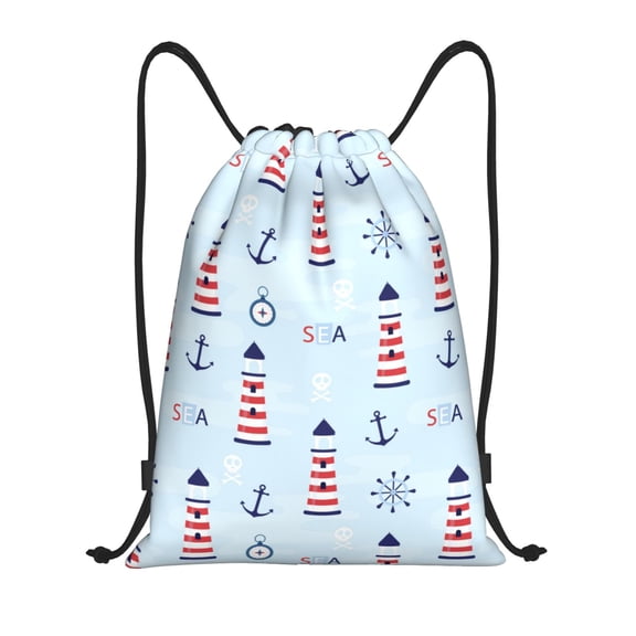 Drawstring Backpack - lighthouse steering wheel anchor blue Splash Proof Small Drawstring Gym Bag for Women Men, Cinch Sports String Bag Backpack for Travel Swimming Beach