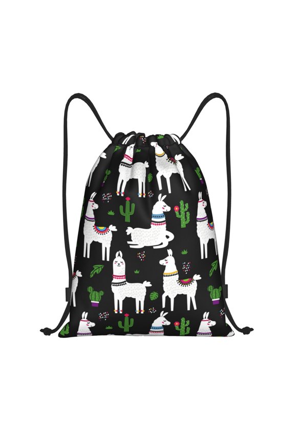 Drawstring Backpack - llama alpaca cactus black cute Splash Proof Small Drawstring Gym Bag for Women Men, Cinch Sports String Bag Backpack for Travel Swimming Beach