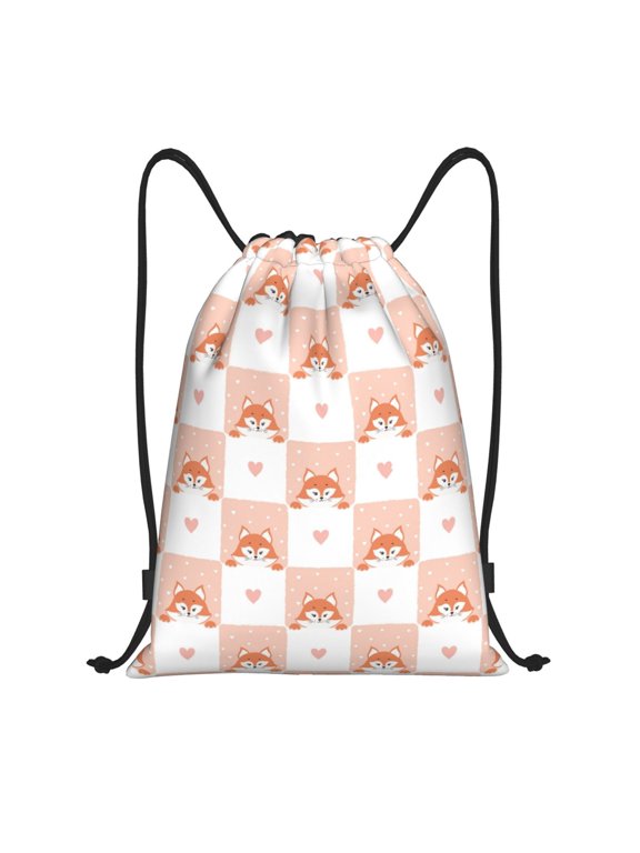 Drawstring Backpack - love plaid fox Splash Proof Small Drawstring Gym Bag for Women Men, Cinch Sports String Bag Backpack for Travel Swimming Beach