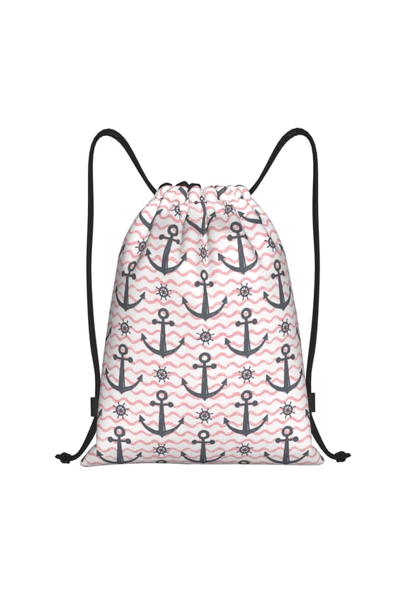 Drawstring Backpack - pink anchor stripes helm vintage Splash Proof Small Drawstring Gym Bag for Women Men, Cinch Sports String Bag Backpack for Travel Swimming Beach