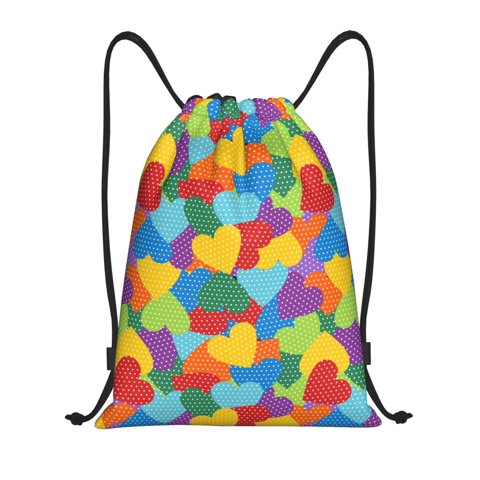 Drawstring Backpack, polka dot rainbow hearts Light Waterproof Sports ...