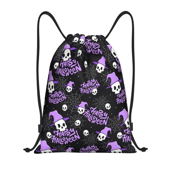 Drawstring Backpack - purple halloween skull spiderweb Splash Proof Small Drawstring Gym Bag for Women Men, Cinch Sports String Bag Backpack for Travel Swimming Beach