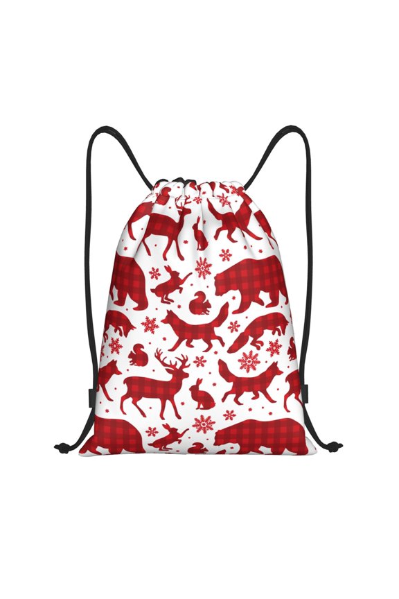 Drawstring Backpack - red plaid Moose Bunny bear Splash Proof Small Drawstring Gym Bag for Women Men, Cinch Sports String Bag Backpack for Travel Swimming Beach