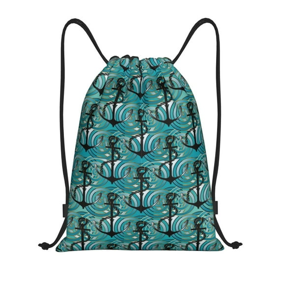 Drawstring Backpack - vintage anchors rope waves green Splash Proof Small Drawstring Gym Bag for Women Men, Cinch Sports String Bag Backpack for Travel Swimming Beach