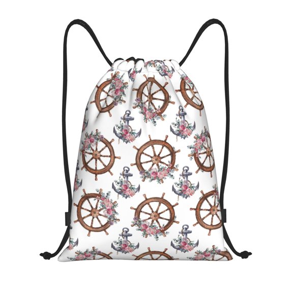 Drawstring Backpack - vintage floral steering wheel anchor Splash Proof Small Drawstring Gym Bag for Women Men, Cinch Sports String Bag Backpack for Travel Swimming Beach