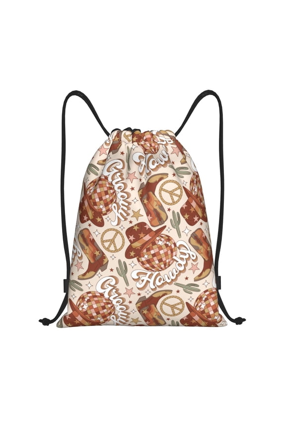 Drawstring Backpack - western disco cowboy hat boots retro Splash Proof Small Drawstring Gym Bag for Women Men, Cinch Sports String Bag Backpack for Travel Swimming Beach