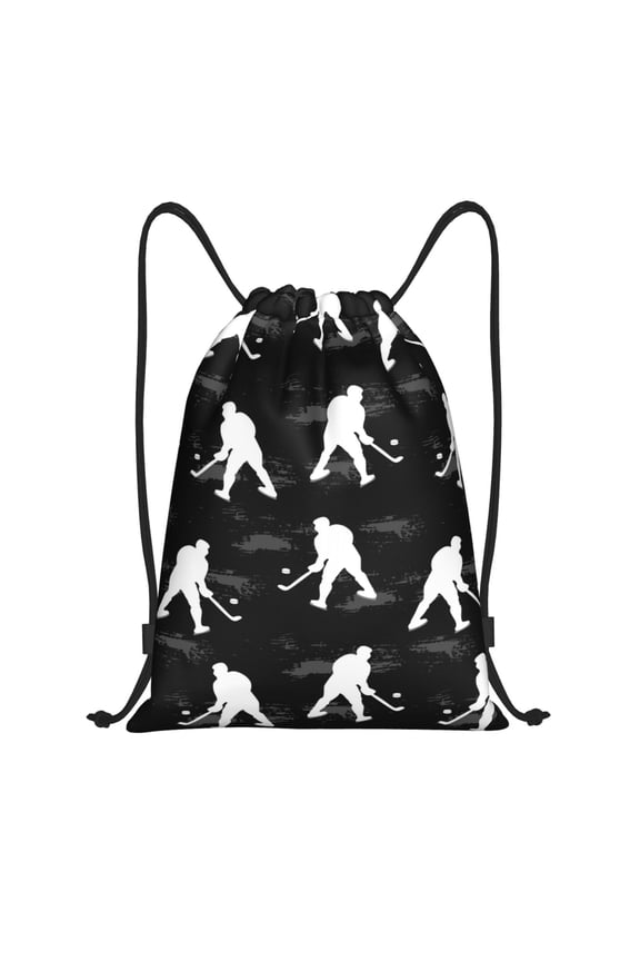 Drawstring Backpack - white hockey players black print Splash Proof Small Drawstring Gym Bag for Women Men, Cinch Sports String Bag Backpack for Travel Swimming Beach