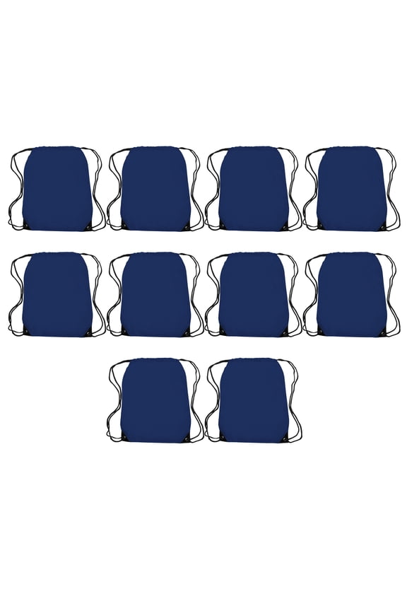 Drawstring Backpack with Black Trim Set of 10, Bulk Pack - Water Resistant, Perfect for Gym, Camping, Beach, Outdoor Sports - Blue