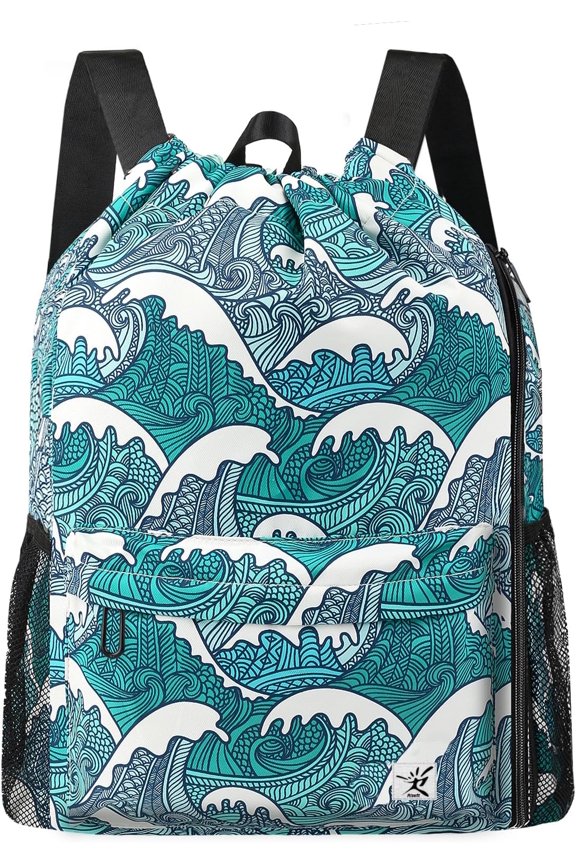 Drawstring Backpack with Mesh Pockets String Gym Bag Sackpack Sandproof Water Resistant Beach Backpack for Men Women