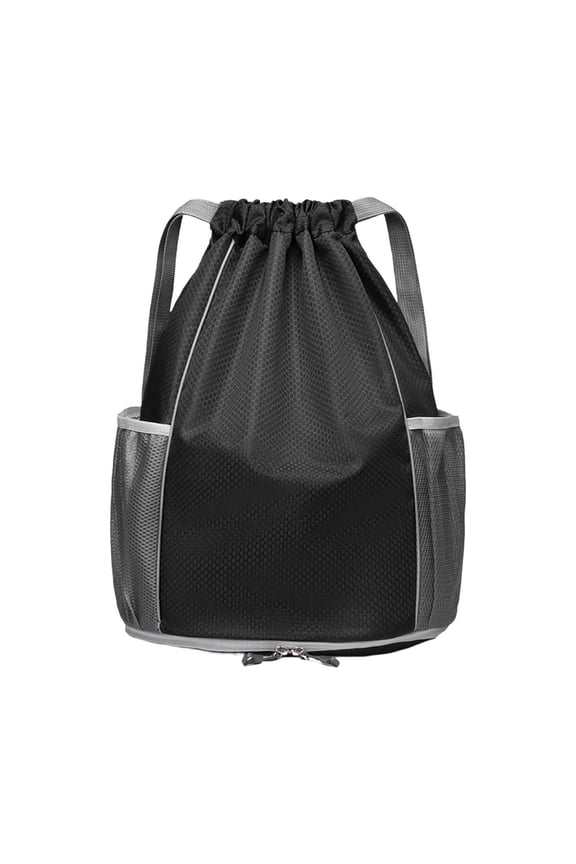 Drawstring Backpack with Side Mesh Pockets and Expandable Bottom Compartment, Oxford Cloth Gym Sack for Workout and Travel, Black